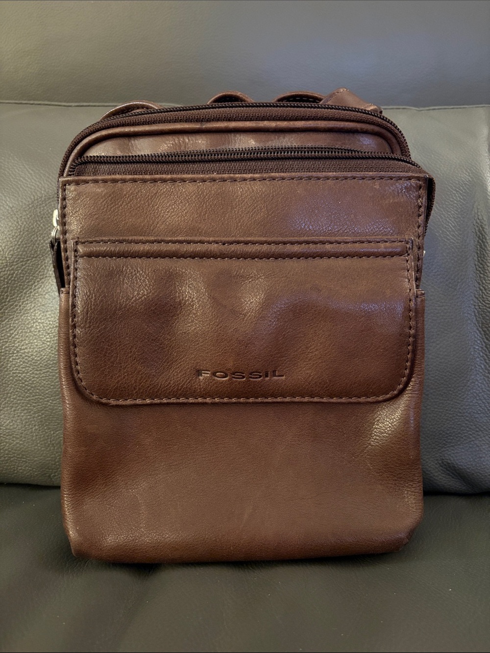 Fossil Brown Leather Compact Messenger Crossbody